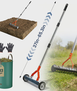 Detachable Lawn Rake With Roller Garden Courtyard Grass Rake Lawn Maintenance Tool With Gloves, 33 Gallons Garbage Bag