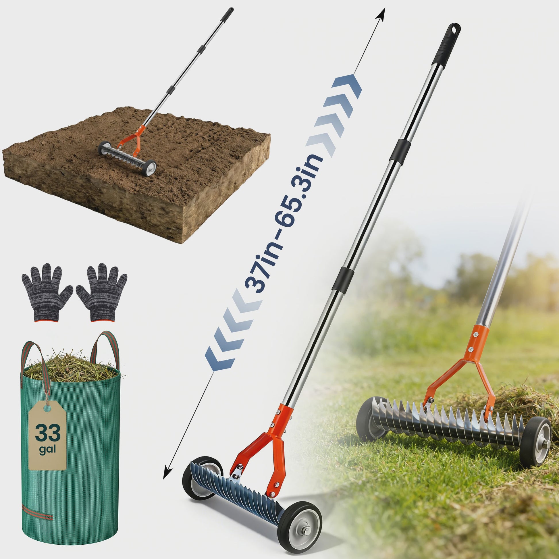 Detachable Lawn Rake With Roller Garden Courtyard Grass Rake Lawn Maintenance Tool With Gloves, 33 Gallons Garbage Bag