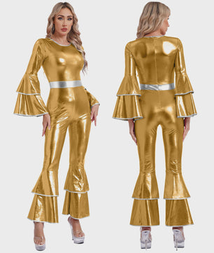 Dames Jumpsuit 70s Disco Metallic Met Wijde Pijpen en Flare Mouwen