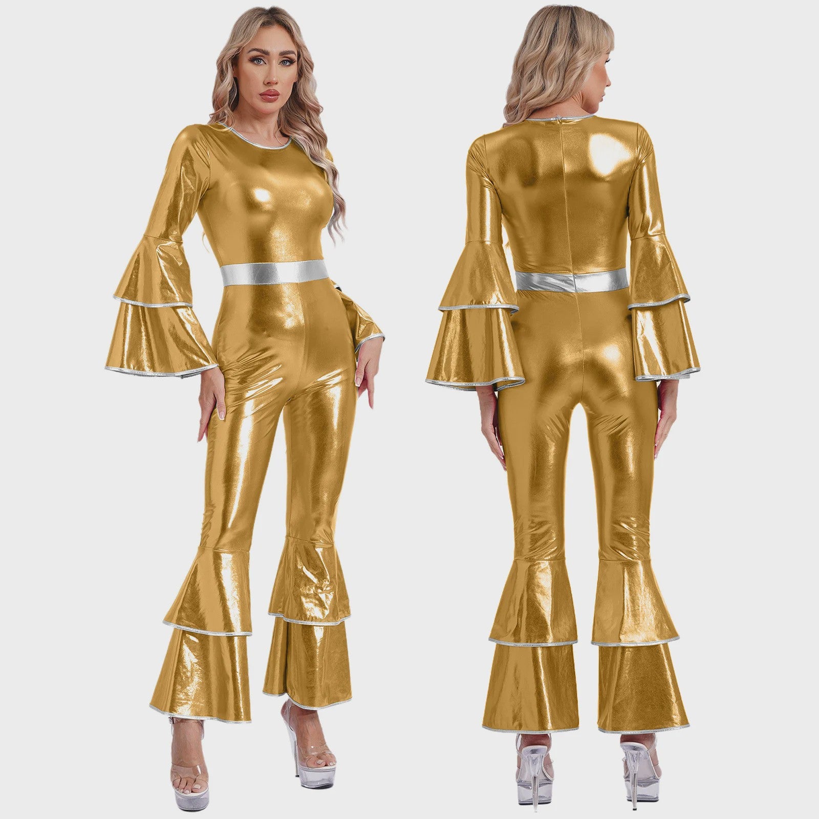 Dames Jumpsuit 70s Disco Metallic Met Wijde Pijpen en Flare Mouwen