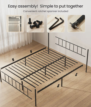 Zwart Metalen Bedframe 140x190cm met Hoofdbord, Voetbord en 32cm Opbergruimte