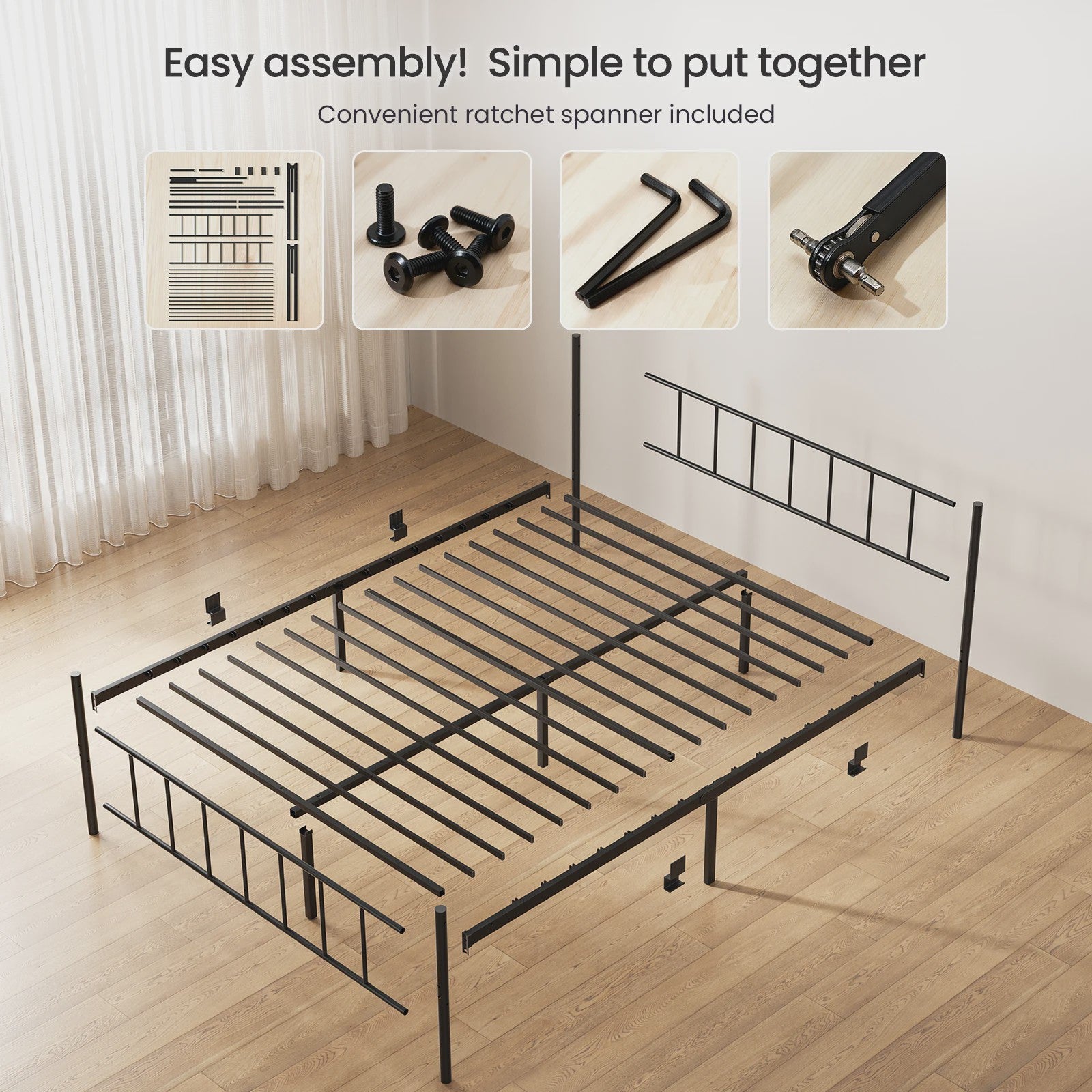 Zwart Metalen Bedframe 140x190cm met Hoofdbord, Voetbord en 32cm Opbergruimte