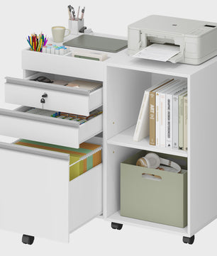 Wit Mobiel Archiefkastje met 3 Lades, 2 Open Vakken en Slot