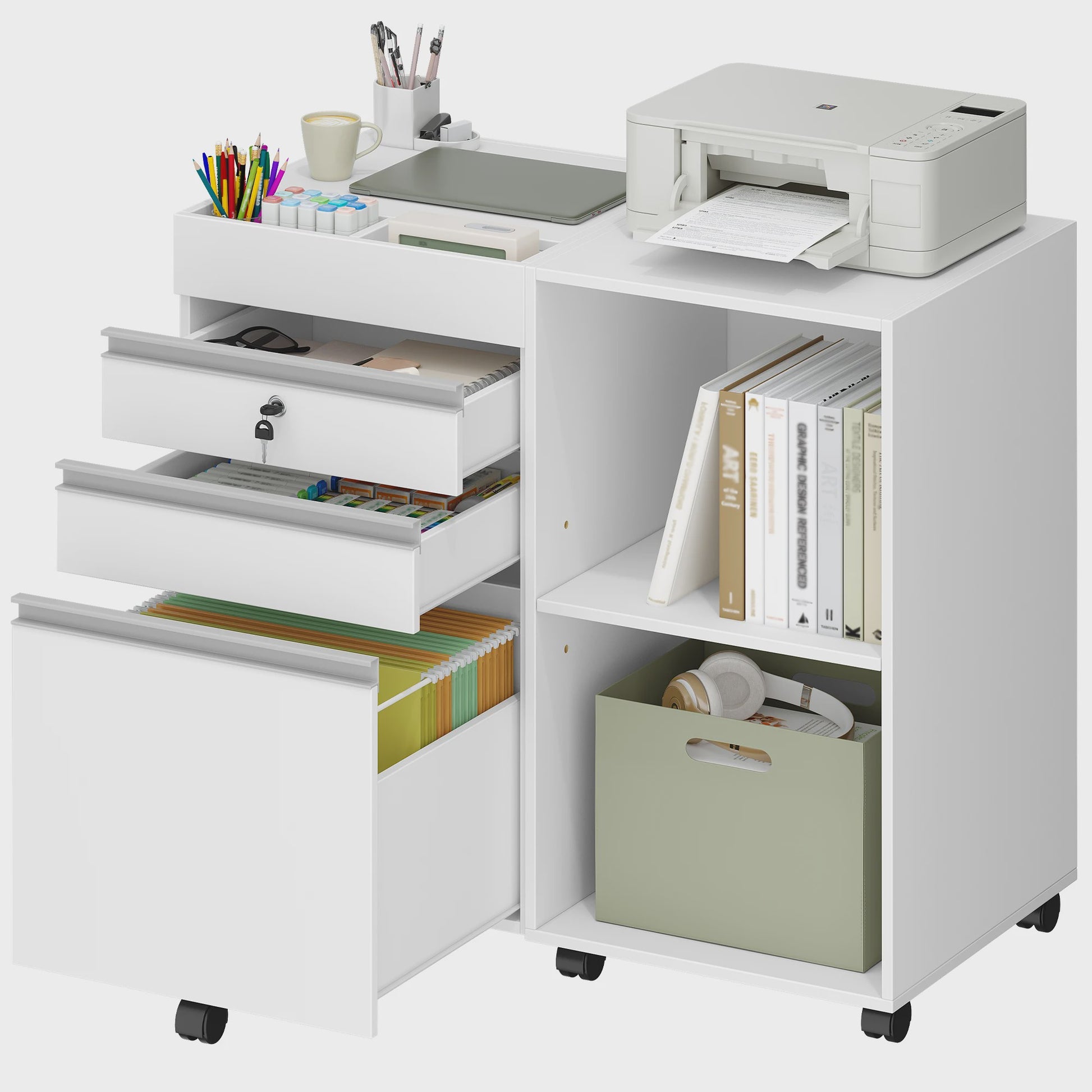 Wit Mobiel Archiefkastje met 3 Lades, 2 Open Vakken en Slot