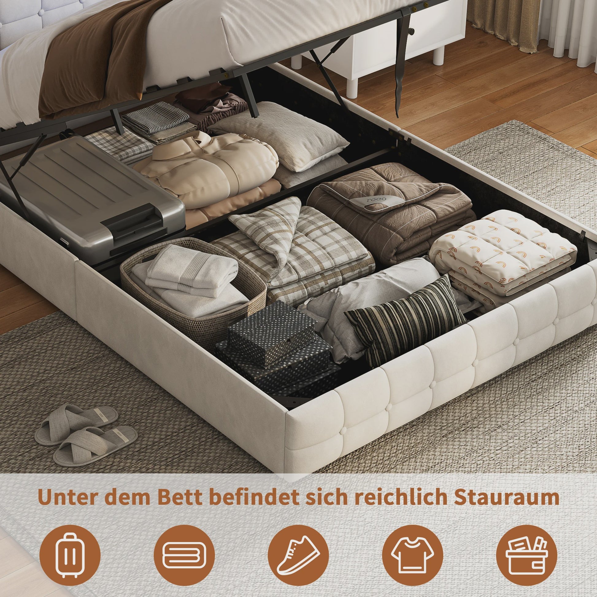 Boxspring Bed 140x200 met Hydraulische Opbergruimte en Multifunctioneel Hoofdbord - Velvet