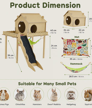 3-in-1 Houten Huisje met Hangmat en Trap voor Cavia's en Kleine Huisdieren