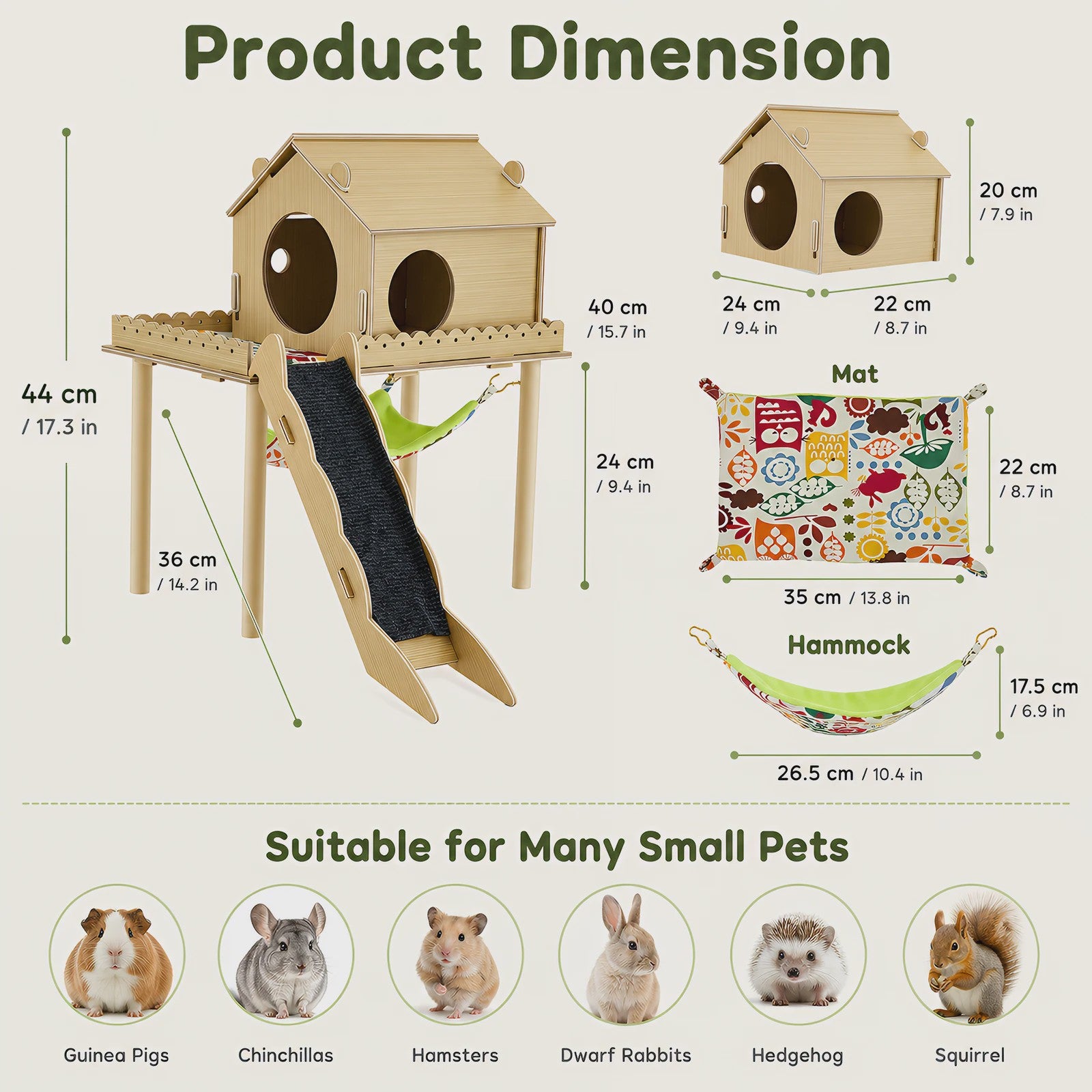 3-in-1 Houten Huisje met Hangmat en Trap voor Cavia's en Kleine Huisdieren