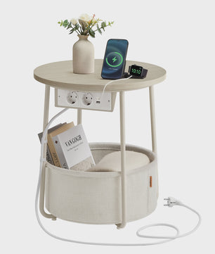 Ronde bijzettafel met stoffen mand en ingebouwde stopcontacten en USB-poorten