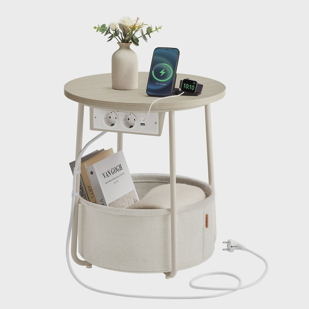 Ronde bijzettafel met stoffen mand en ingebouwde stopcontacten en USB-poorten