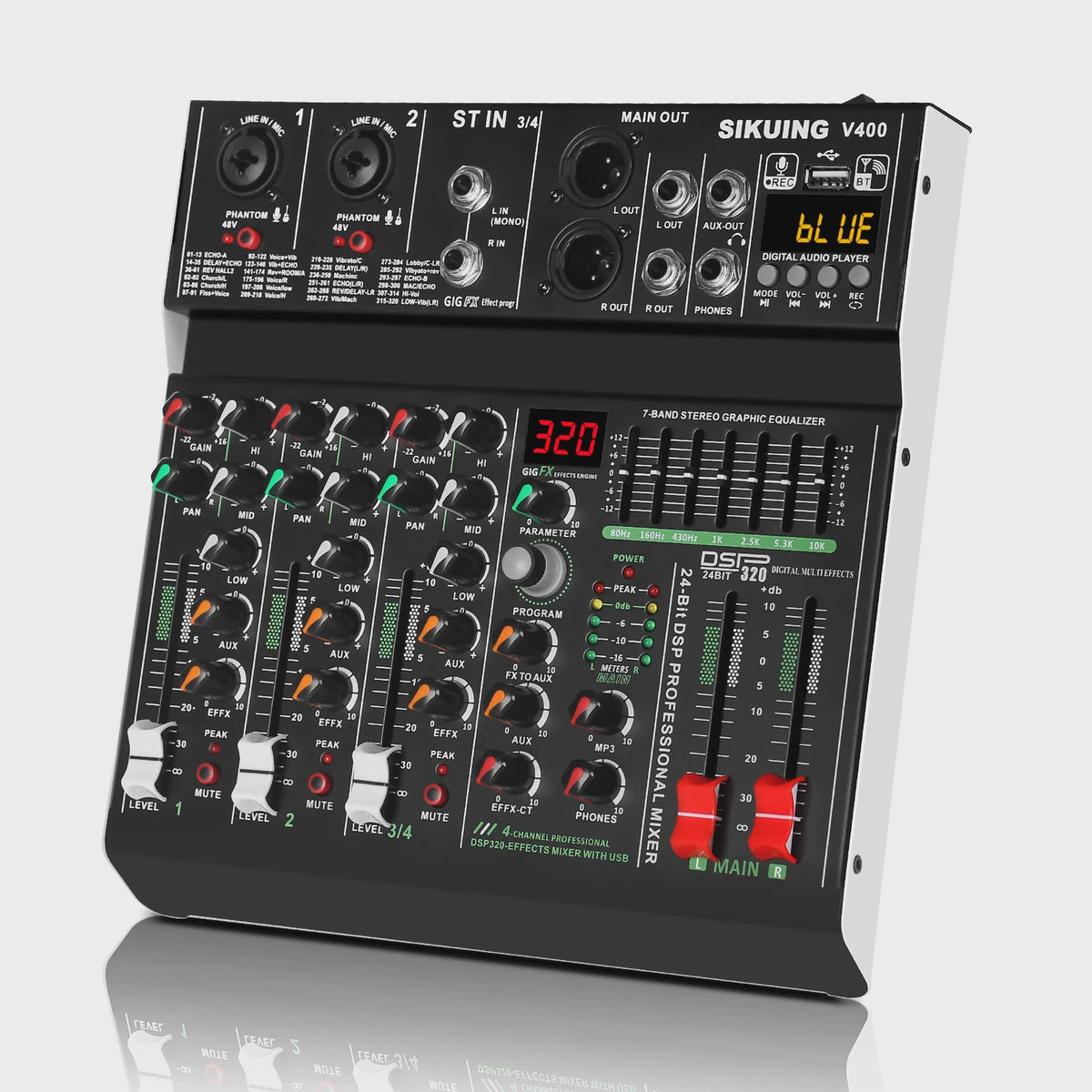 FULUODE V-600 Professionele 6-Kanaals Mixer met 320 DSP Effecten, Bluetooth & 48V Fantoomvoeding