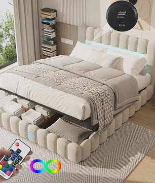 Luxe Gestoffeerd Dubbel Bed met LED Verlichting en USB Poort - Zonder Matras