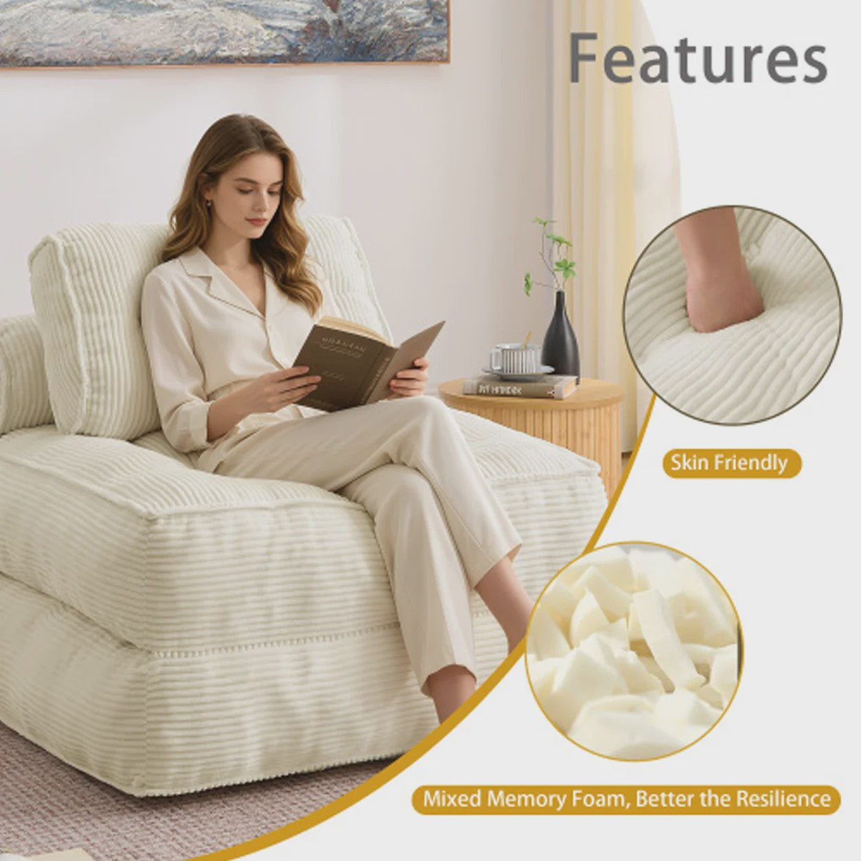 2-in-1 Beige Ribstof Fauteuil en Slaapbank - Multifunctioneel en Opvouwbaar