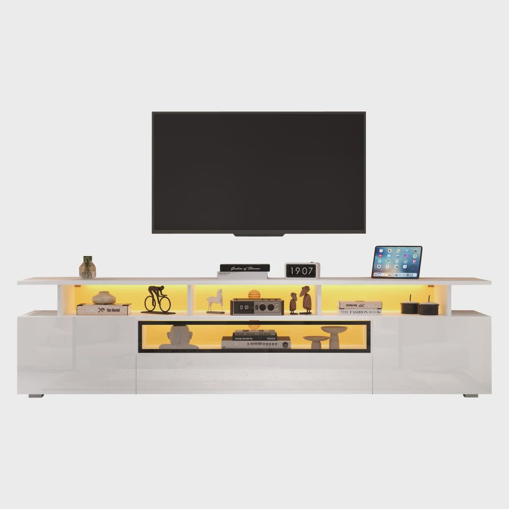 Stijlvolle TV Meubel 180cm Hoogglans Wit met LED Verlichting en 10 Opbergvakken