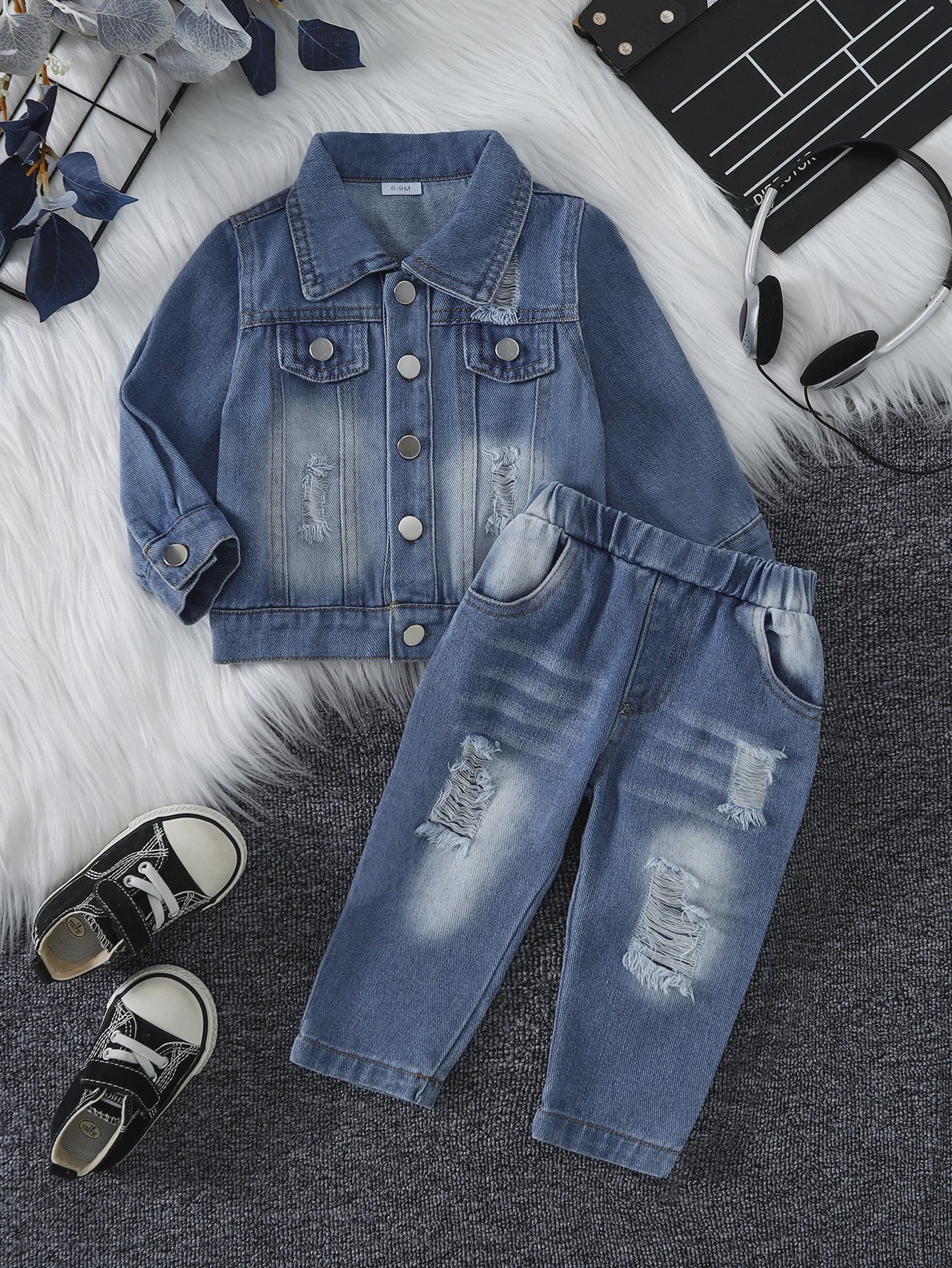 Stoere Denim Set voor Baby Meisjes: Jasje & Jeans met Ripped Look - Lente/Herfst Collectie