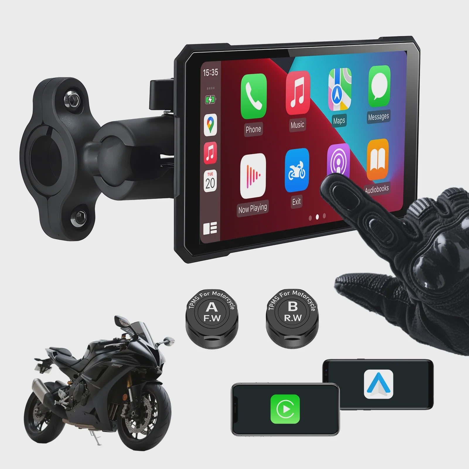 5" Motorfiets Display met Draadloze CarPlay & Android Auto, Navigatie, Siri/Google Assistant, IP67 Waterdicht