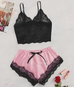 Dames Pyjamaset Satijn met Kant - Sexy Cami Top en Shorts Nachtkleding Zomer