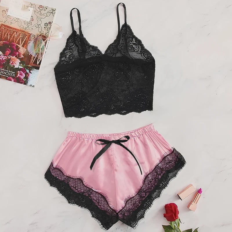 Dames Pyjamaset Satijn met Kant - Sexy Cami Top en Shorts Nachtkleding Zomer