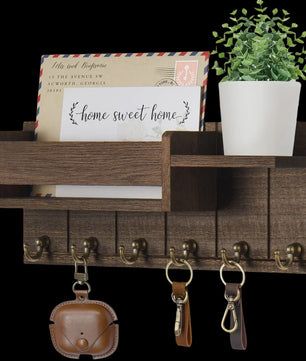 Rustieke Houten Wand Organizer met Postvak en 6 Sleutelhaken