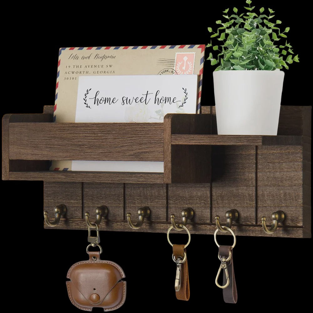 Rustieke Houten Wand Organizer met Postvak en 6 Sleutelhaken