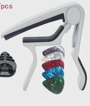 7-delige Gitaar Capo Set met 5 Picks en Houder - Zwart & Zilver