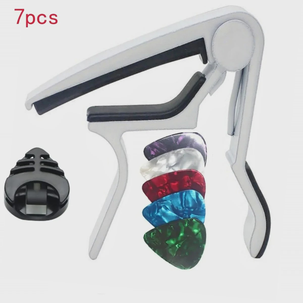 7-delige Gitaar Capo Set met 5 Picks en Houder - Zwart & Zilver