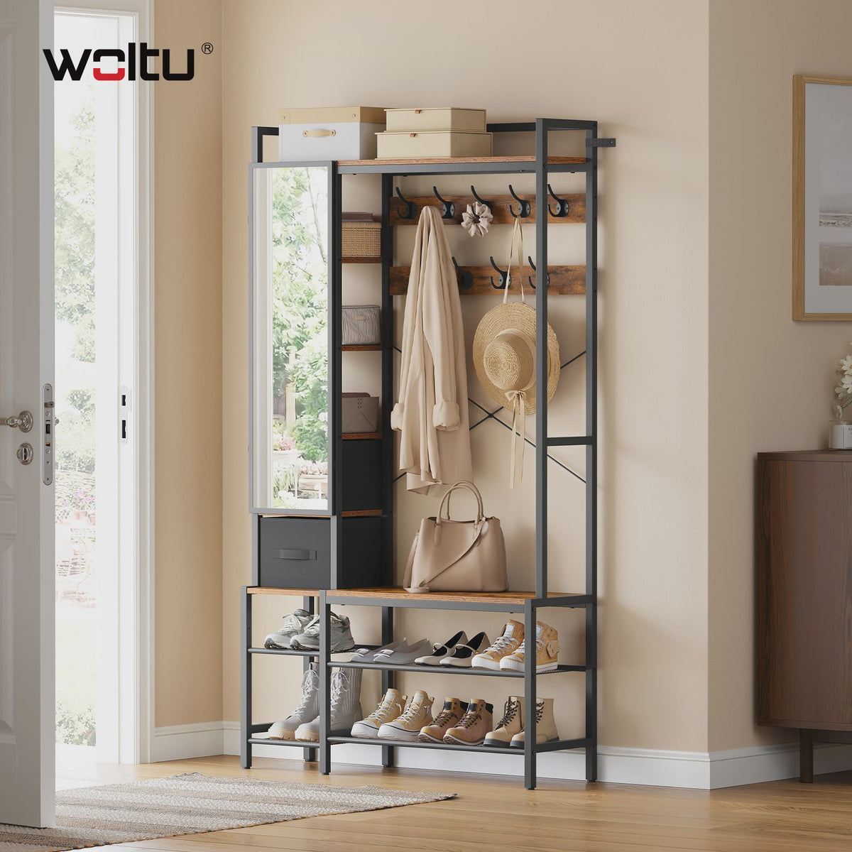 WOLTU Kapstok met Schoenrek, Spiegel en Lades - Open Garderoberek Metaal & Hout 100x30x180cm