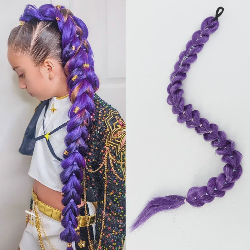 Paarse Vlecht Haarstuk met Clips - 26 Inch Synthetisch Verlengstuk voor Kinderen