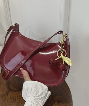 Retro PU Leren Schoudertas Dames met Kersenhanger - Vintage Crossbody Tas