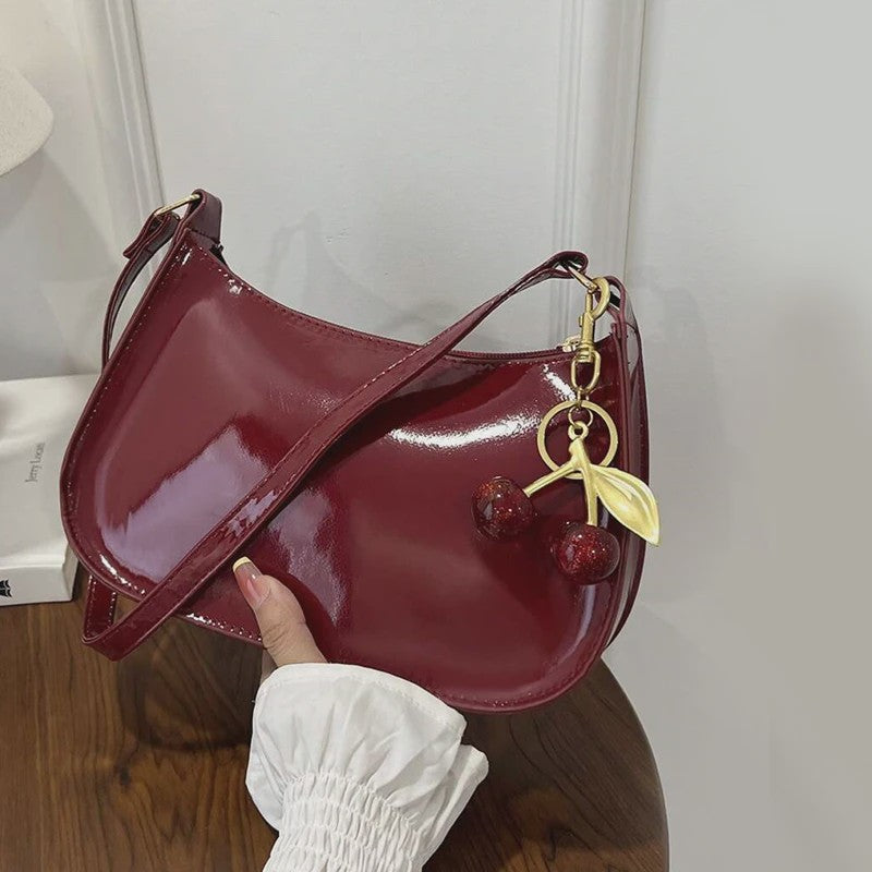 Retro PU Leren Schoudertas Dames met Kersenhanger - Vintage Crossbody Tas