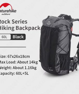 Naturehike Rock Rugzak 60L - Ultralicht, Waterdicht, met Frame & Regenhoes voor Hiking & Outdoor