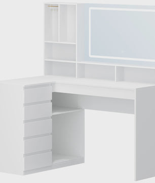 L-vormige Kaptafel met Groot LED Spiegel, Lades en Open Vakken - Wit