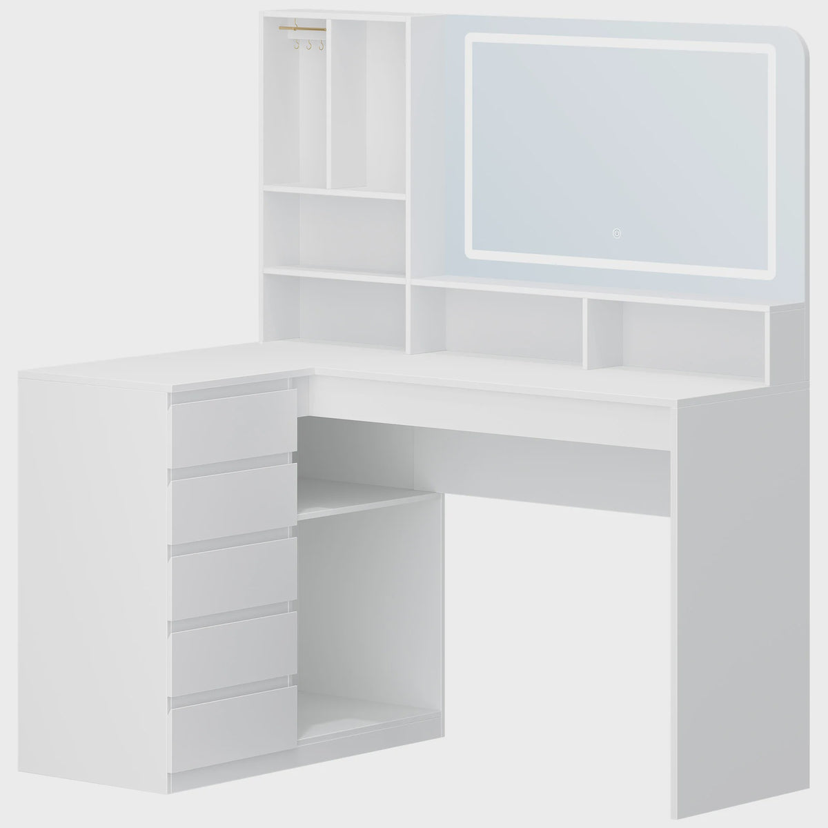 L-vormige Kaptafel met Groot LED Spiegel, Lades en Open Vakken - Wit