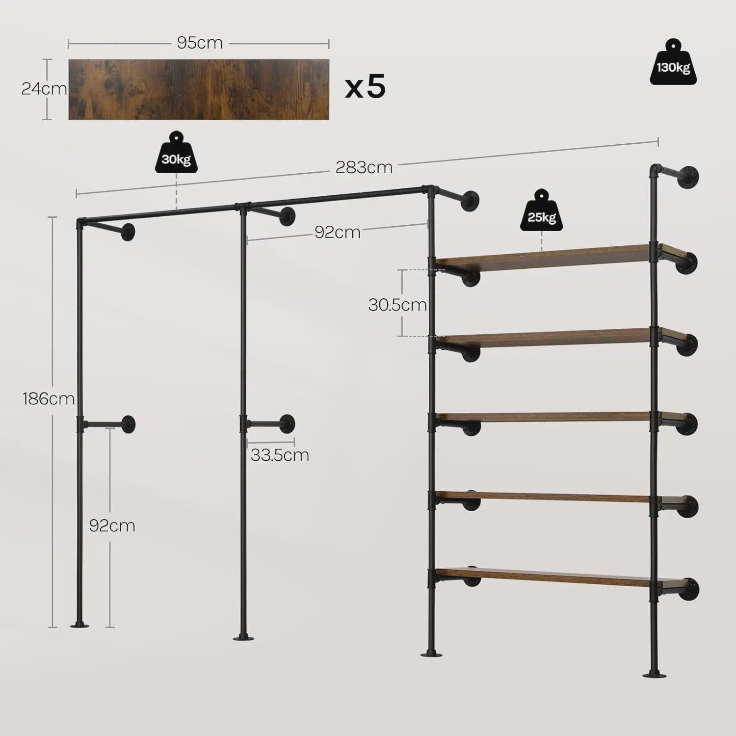 Industriële Wandmontage Kledingrek met 5 MDF Planken & Kledingroede - Open Garderobe
