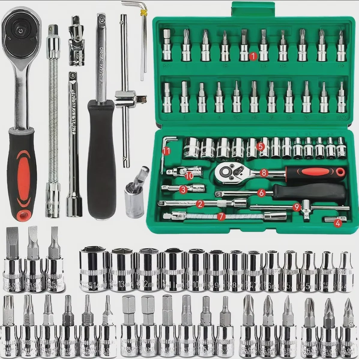46-delige Monteurs Gereedschapskist: Complete Set met Ratel, Sockets en Bits voor Auto Reparatie en Huisgebruik
