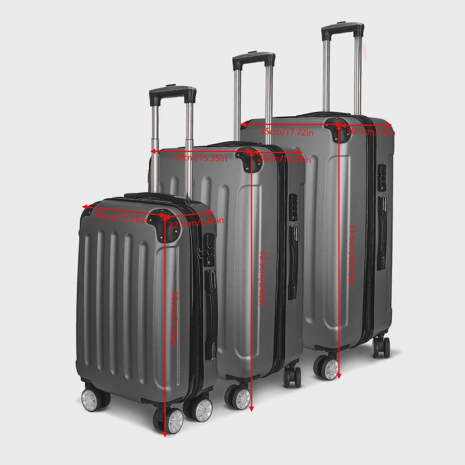 3-delige Trolley Koffer Set Donkergrijs - Lichtgewicht ABS, TSA Slot & 360° Dubbele Wielen