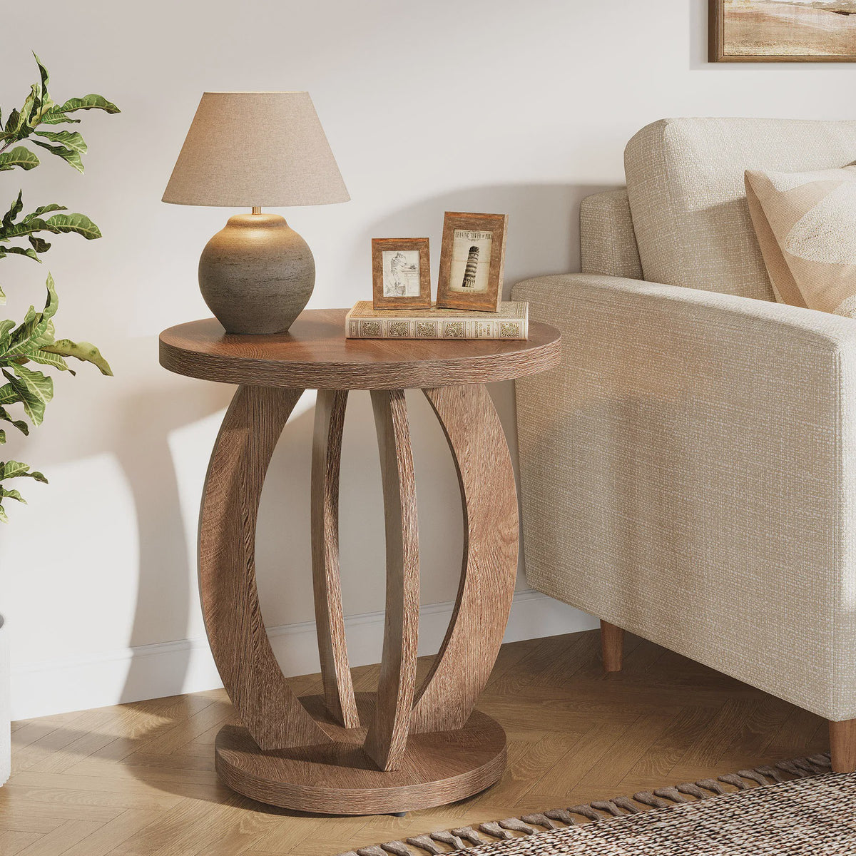 Ronde Bijzettafel met Opbergruimte - Farmhouse Stijl Nachtkastje