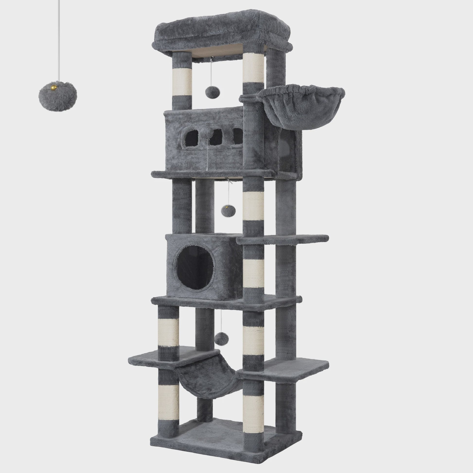 Grote Krabpaal 170cm met 8 Krabpalen, 2 Kattenmandjes, Platform, Mat en Hangmat