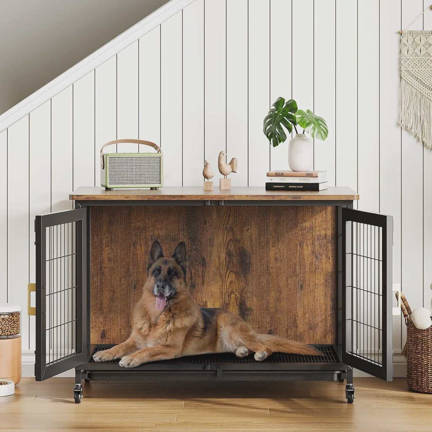 Houten Hondenkennel met Wielen en Lade - Stijlvolle Bijzettafel voor Kleine/Middelgrote Honden