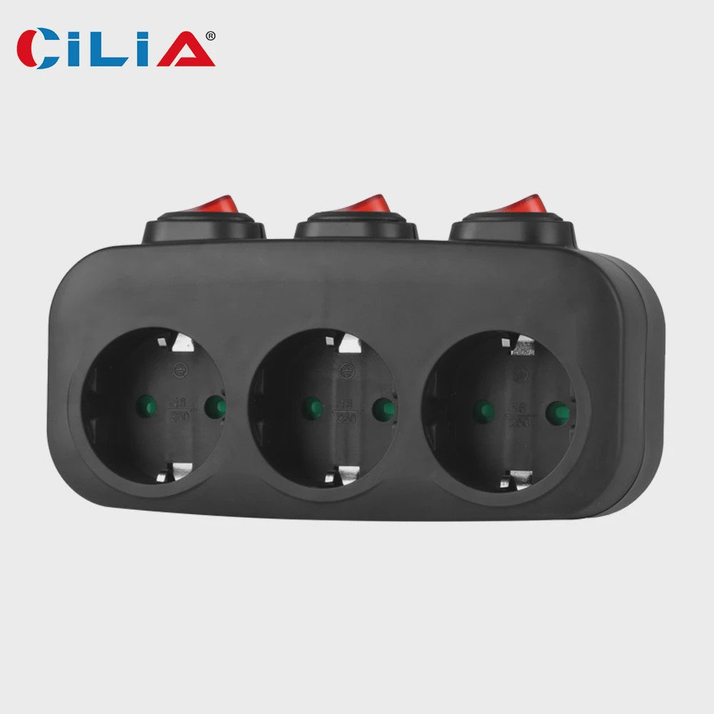 CILIA 3-in-1 Stekkerdoos met 3 Schakelaars - EU Schuko Stopcontacten