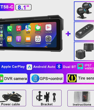 Jansite 8.1" Motorfiets GPS Navigatie met 4K DVR, CarPlay & Android Auto