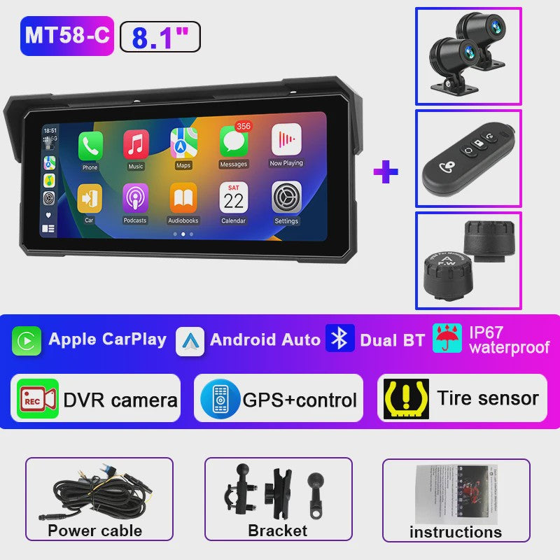 Jansite 8.1" Motorfiets GPS Navigatie met 4K DVR, CarPlay & Android Auto