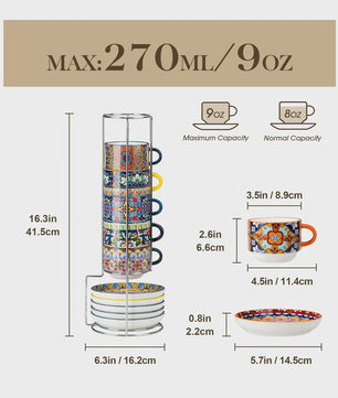 Bohemian Porseleinen Koffiekopjes met Schotels en Metalen Standaard - Set van 6/12