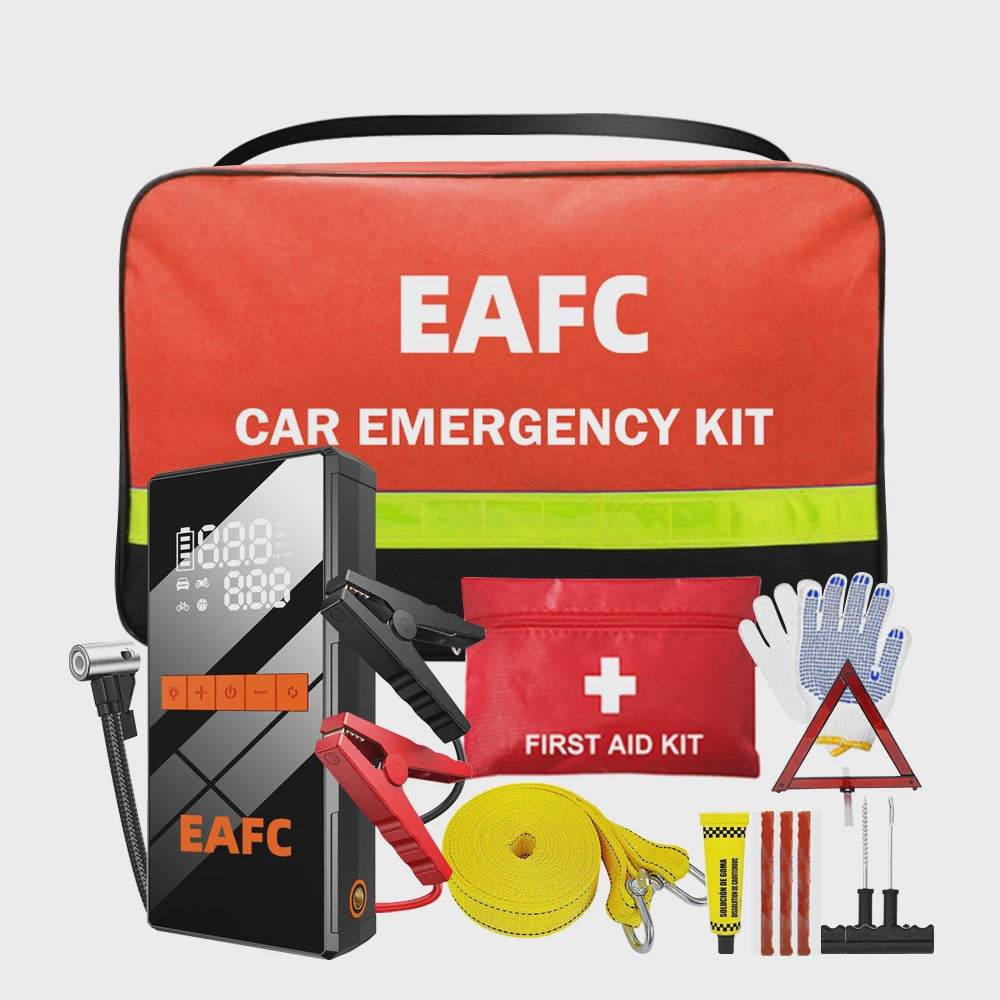Complete Auto Noodkit: Startkabels, Compressor, EHBO, Bandenreparatie & Sleepkabel