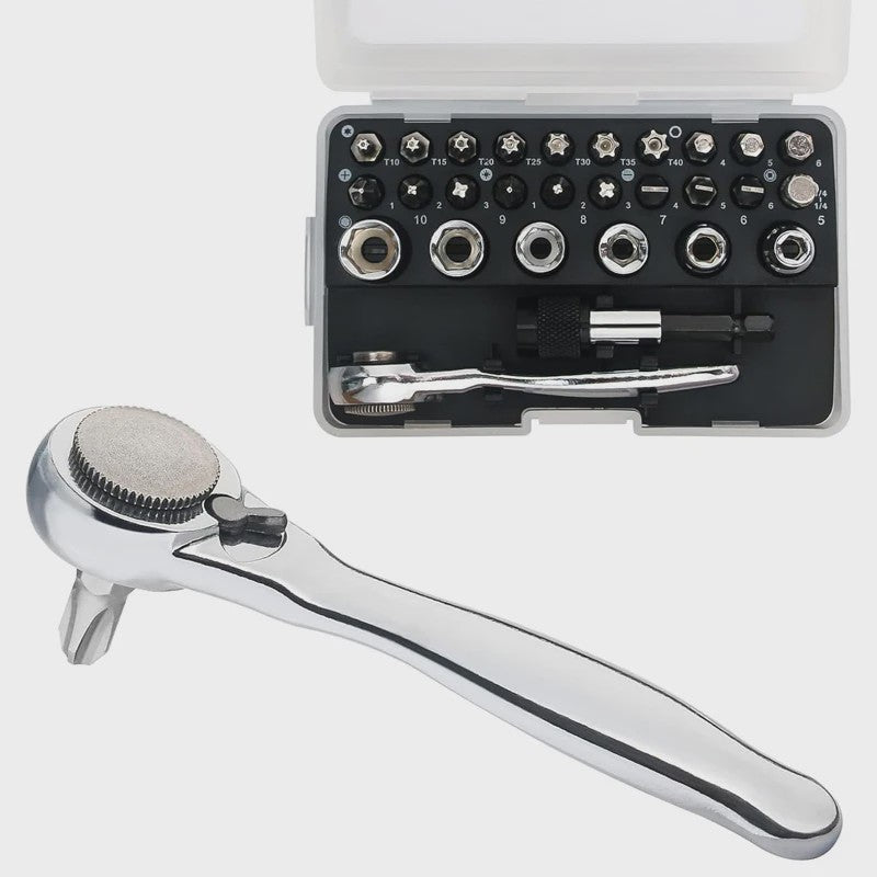 32-delige Mini Ratel Sleutel Set met 1/4" Bit, 72T, Magnetisch - Ideaal voor Krappe Ruimtes