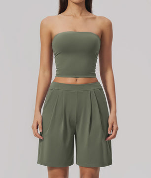 Dames Yogaset 2-delig: Strapless Crop Top & Plissé Shorts voor Fitness, Running & Gym