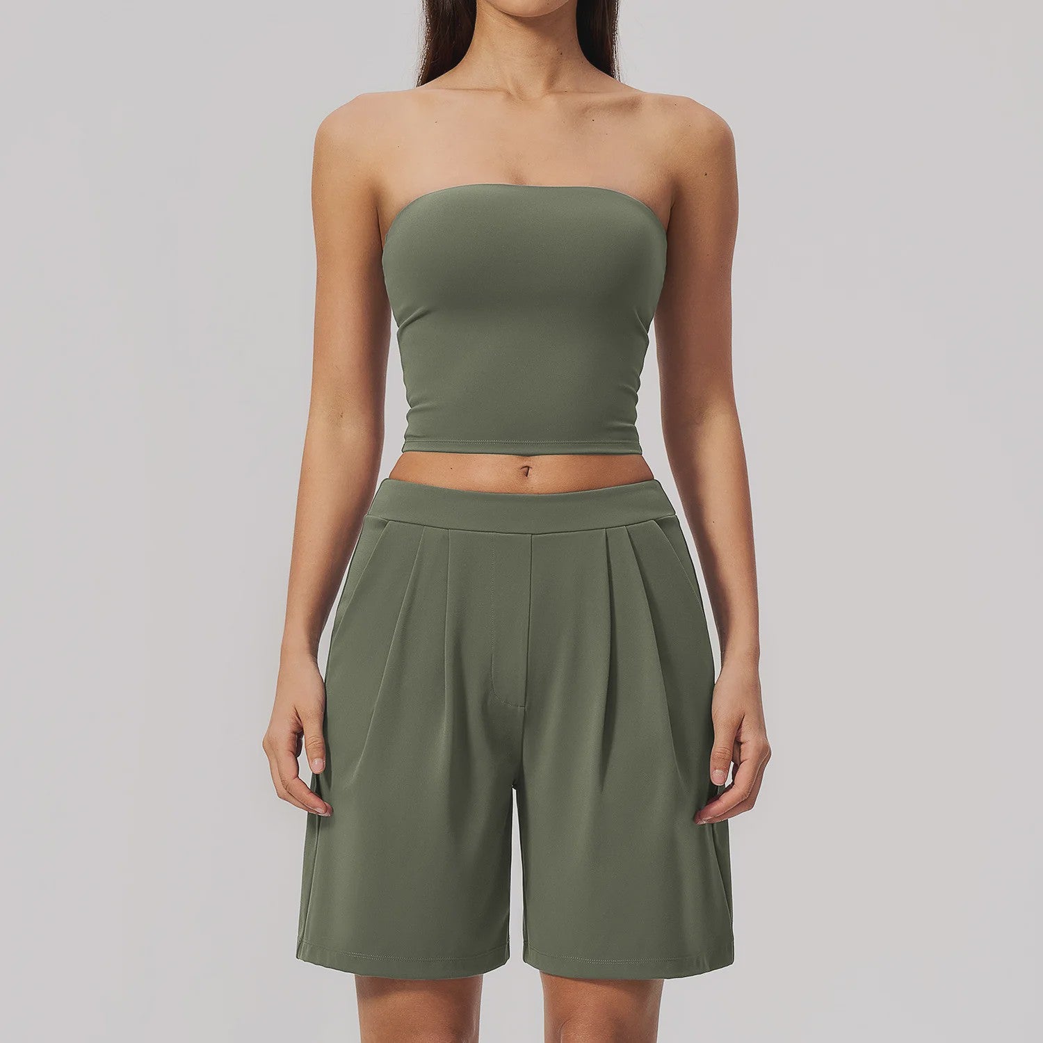 Dames Yogaset 2-delig: Strapless Crop Top & Plissé Shorts voor Fitness, Running & Gym