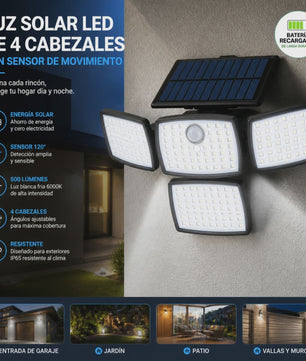 Solar LED Buitenlamp met Bewegingssensor - 4 Verstelbare Koppen, IP65 Waterdicht