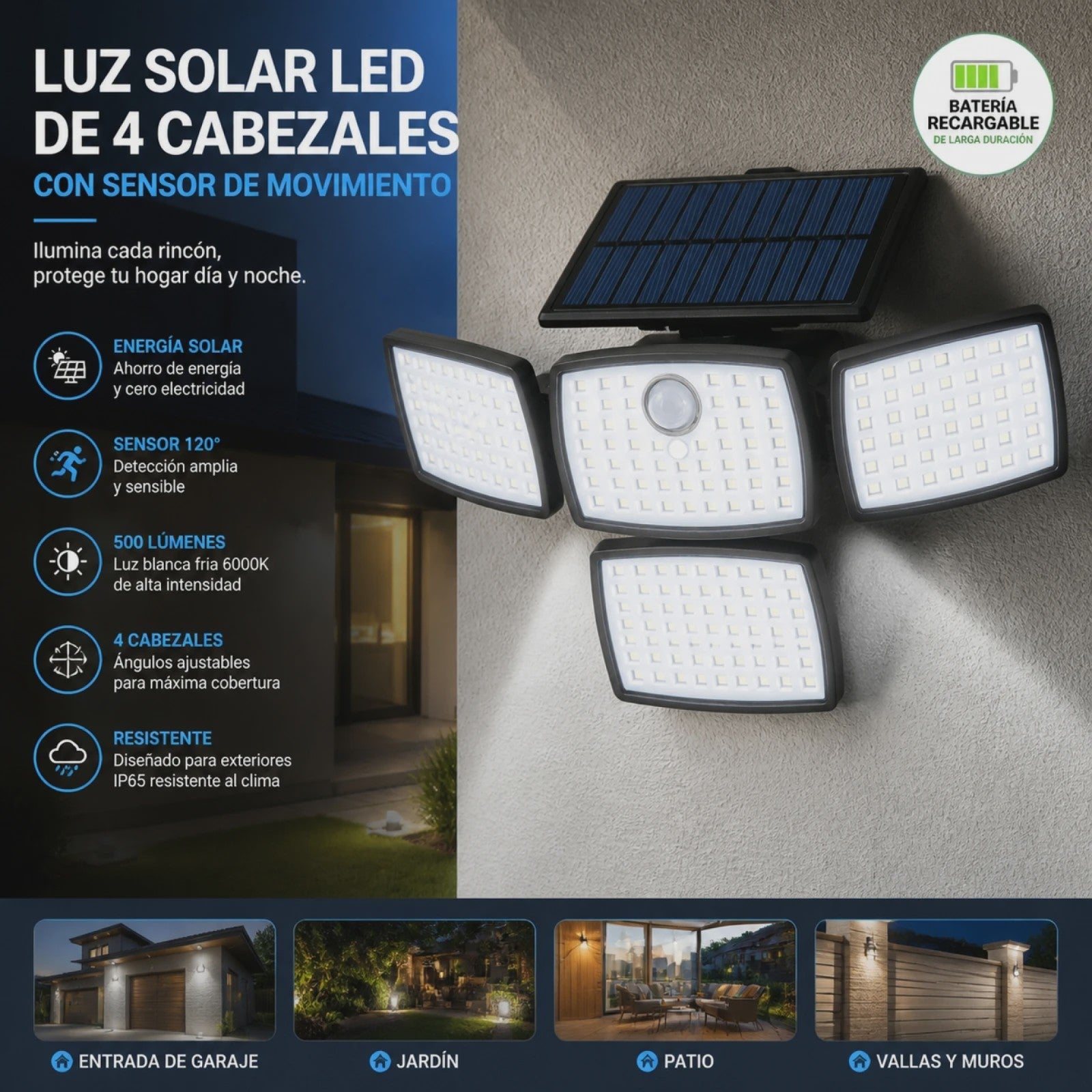 Solar LED Buitenlamp met Bewegingssensor - 4 Verstelbare Koppen, IP65 Waterdicht