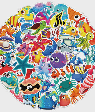 50x Schattige Zeedieren Cartoon Stickers - Oceaan Wereld, Koraal & Kwallen Decoratie voor Laptop & Dagboek