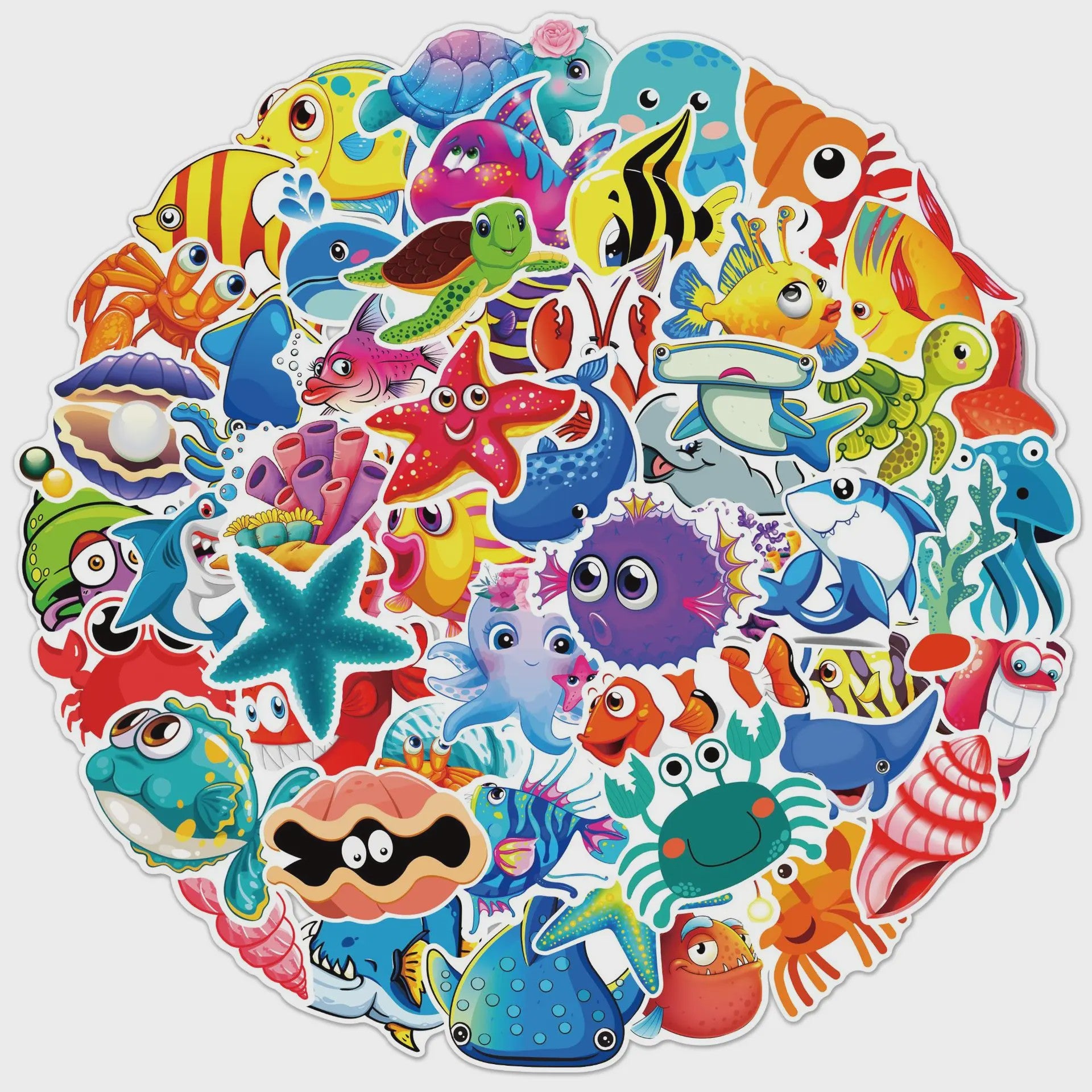 50x Schattige Zeedieren Cartoon Stickers - Oceaan Wereld, Koraal & Kwallen Decoratie voor Laptop & Dagboek